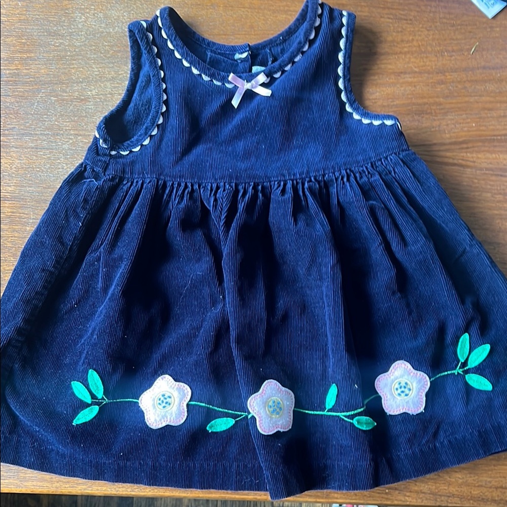 Vintage Navy Blue Corduroy Dress with Floral Embroidery